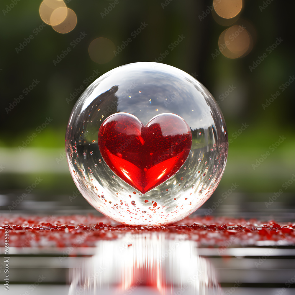 A clear crystal sphere with red heart symbol inside