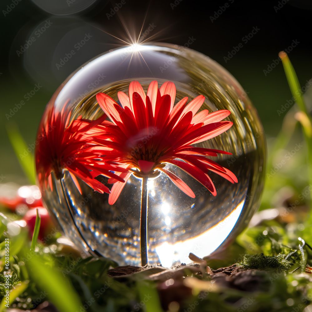 Crystal clear sphere with a red flower inside