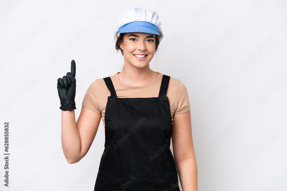 Fishmonger brazilian woman wearing an apron isolated on white background pointing up a great idea Fishmonger brazilian woman wearing an apron isolated on white background pointing up a great idea