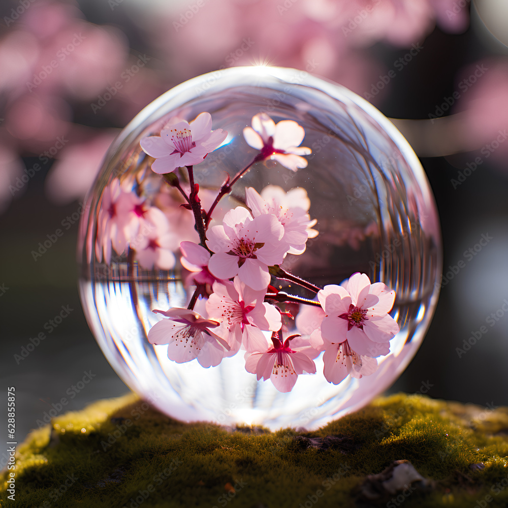 Pink cherry blossoms inside a crystal ball
