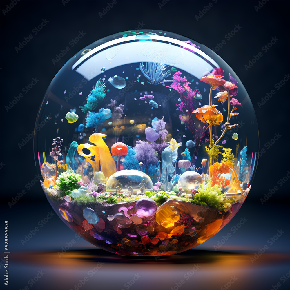 A glass sphere full with random colorful gemstones and corals