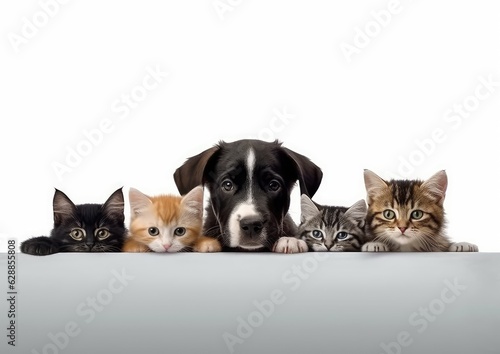 group of cats and one dog on white background. © Ornavi