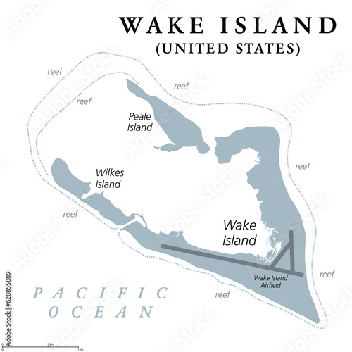 Wake Island, gray political map. Also called Wake Atoll, a coral atoll in the Pacific in the northeastern area of Micronesia. Unorganized, unincorporated territory of the United States. Illustration.