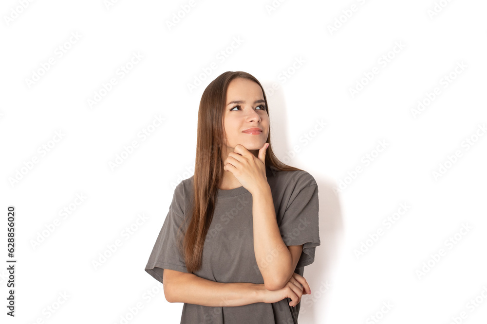 Teenager on white background, education and study mockup, young woman looking up Teenager on white background, education and study mockup, young woman looking up