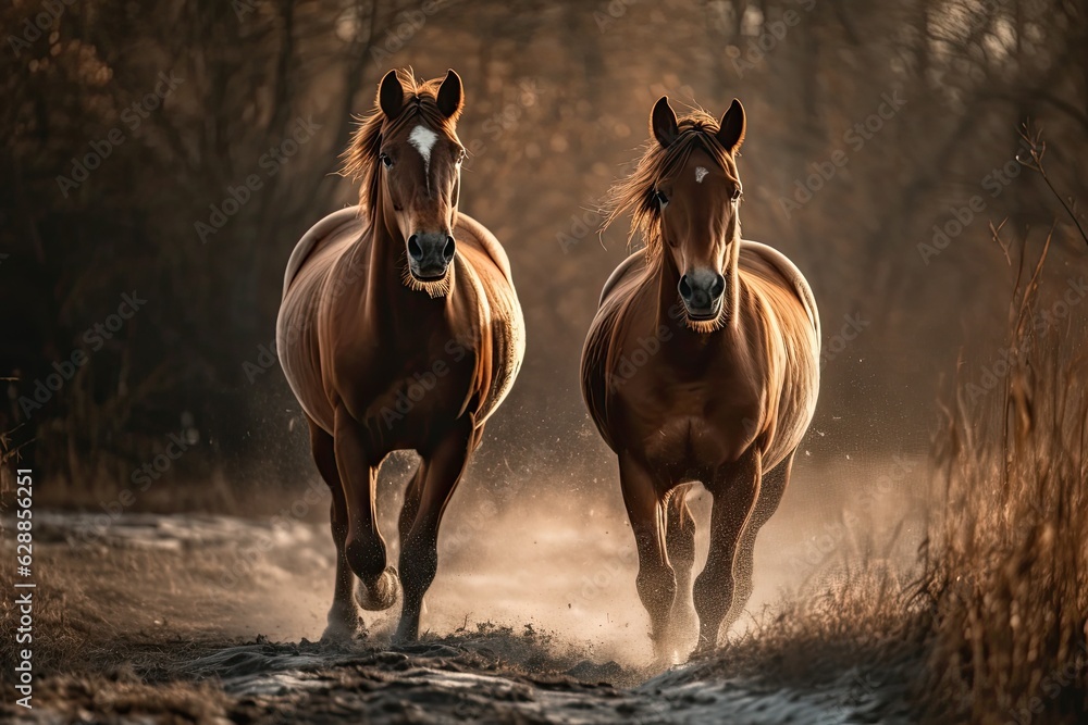 Horse gallop in the forest at sunrise