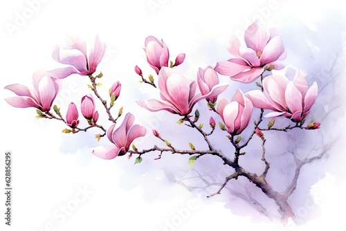 Pink magnolia in a watercolor style on a white background 