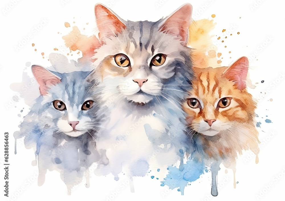 Three cute cats on a white background in a watercolor style