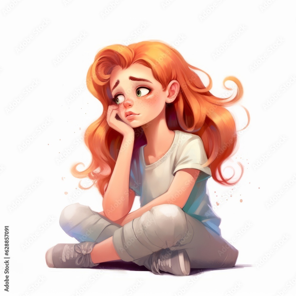 White girl in thinking and doubts cartoon illustration. Cute kid character with dreamy face on abstract background. Ai generated bright drawn colorful poster.