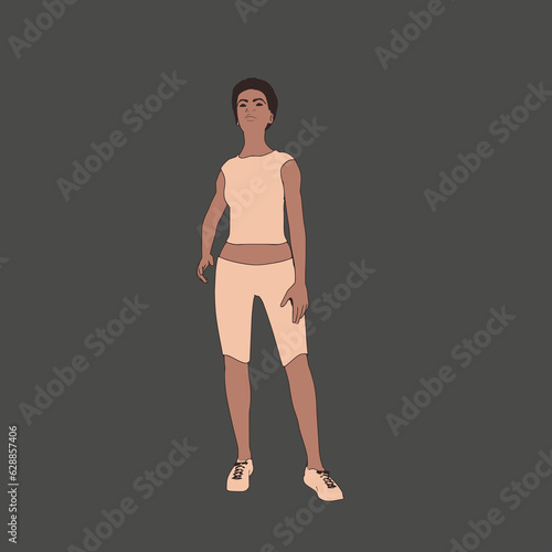 Standing afro american woman. Sport girl illustration. Casual sportwear - t-shirt, breeches and sneakers. Young woman wearing workout clothes. Sport fashion girl outline in urban casual style.
