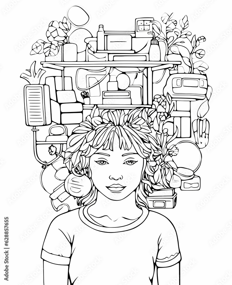 Black and white illustration of a girl. Coloring page for kids teens ...
