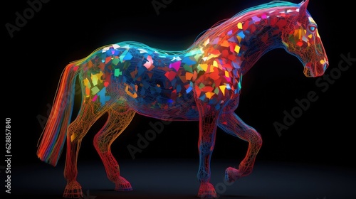  Colorful abstract Cyberpop animal horse  painting geometric style. Isolated black background Generative AI photo