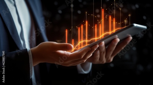 Close up of businessman hands holding tablet with growing business diagram chart on blurry dark background.