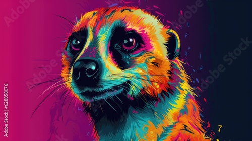  Colorful abstract Cyberpop animal meerkat  painting geometric style. Isolated black background Generative AI photo