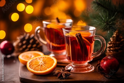Hot black tea in glass cup on bokeh lights background.