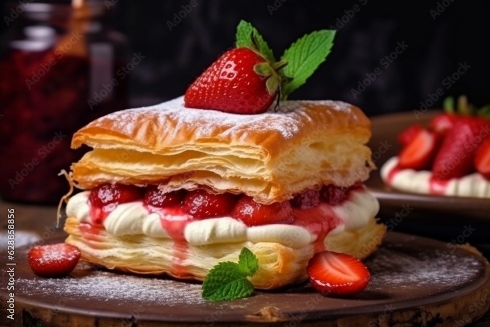Strawberry strudel with cream on a black background. Selective focus Strawberry strudel with cream on a black background. Selective focus
