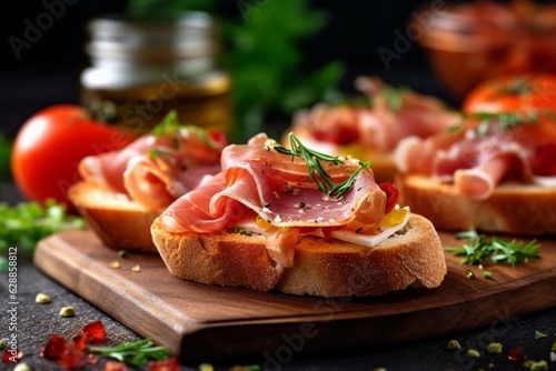 Bruschetta with prosciutto crudo or jamon, parma ham and fresh tomatoes on wooden board