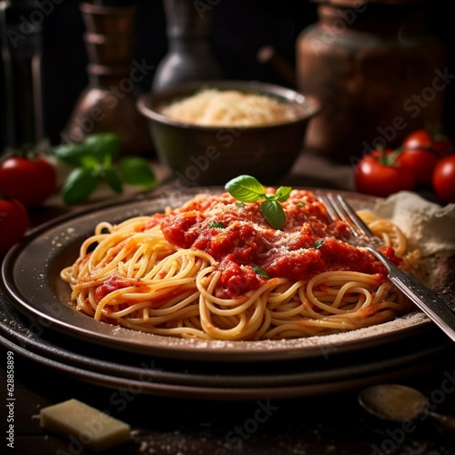 Spaghetti with tomato sauce and parmesan cheese, selective focus