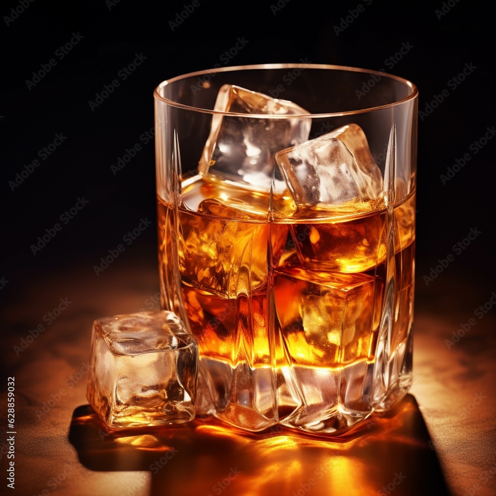 Whiskey on the rocks with ice cubes on a dark background Whiskey on the rocks with ice cubes on a dark background