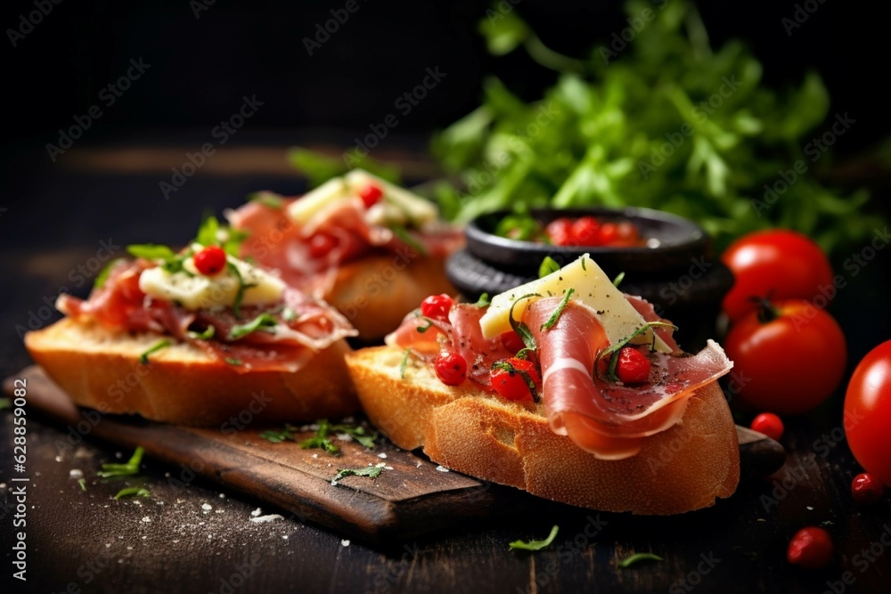  Bruschetta with prosciutto crudo or jamon on wooden board