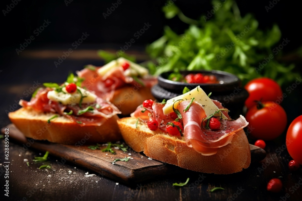 Bruschetta with prosciutto crudo or jamon on wooden board Bruschetta with prosciutto crudo or jamon on wooden board