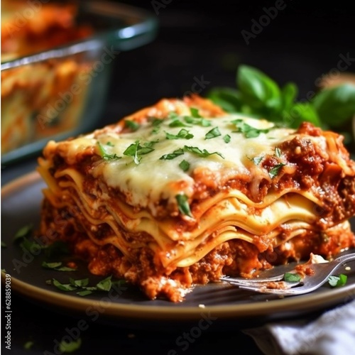  Lasagna with minced meat, tomato sauce and mozzarella cheese