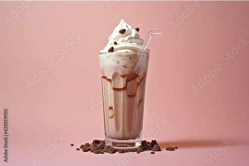  Iced caramel coffee with whipped cream and coffee beans on black background