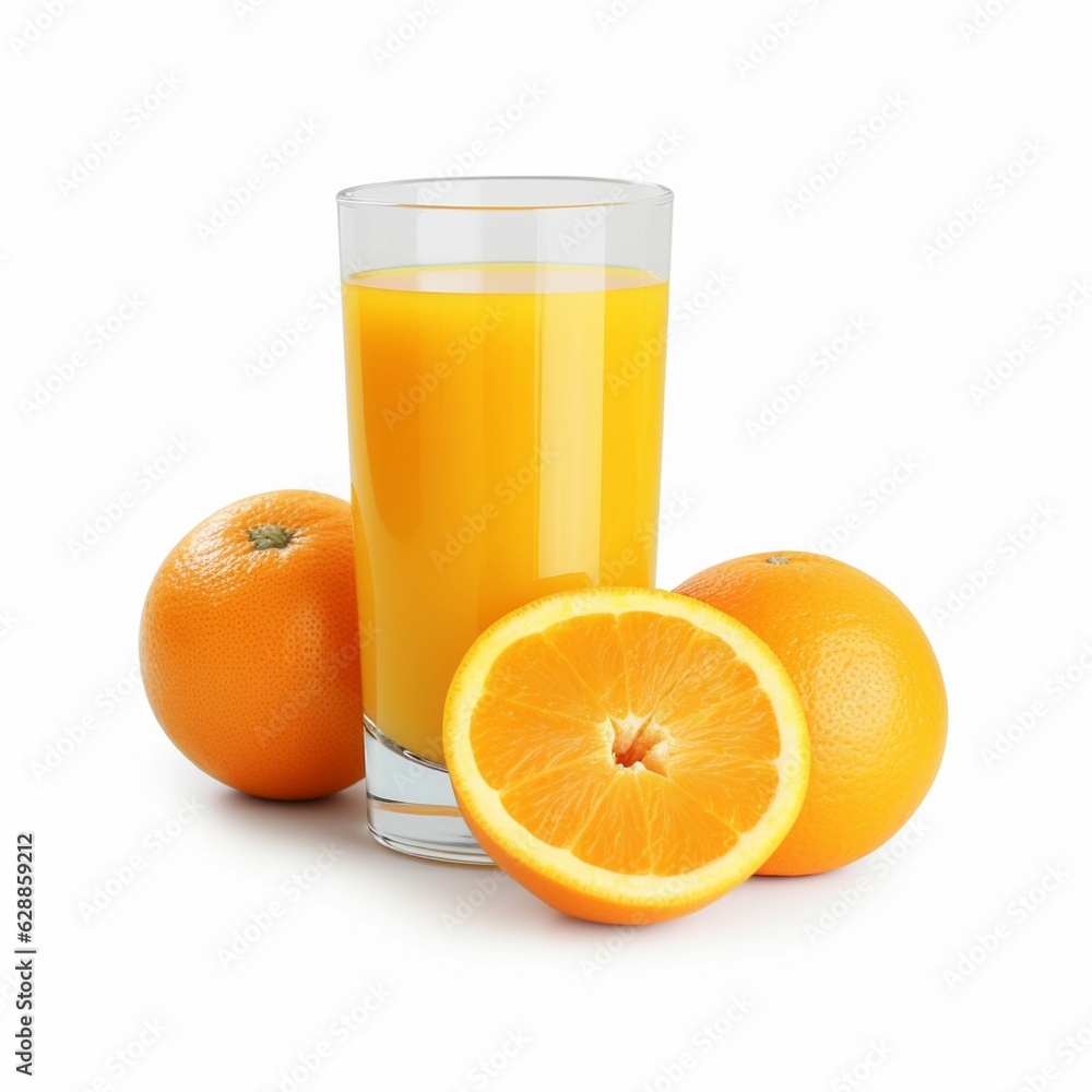 Glass of orange juice with fresh fruits isolated on white background. 3d illustration Glass of orange juice with fresh fruits isolated on white background. 3d illustration