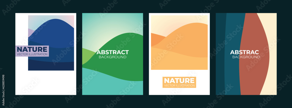 Set of posters sunset in the mountains, abstract nature. Poster, flyer, banner template. Vector illustration, design element.