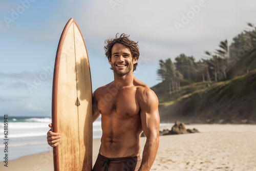 Young surfer holding surf board on the tropical beach generative ai
