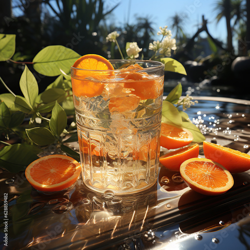 Summer refreshment drink with orange fruits at the swwimming pool for hot days . Shadow and sunlight. generative Ai photo