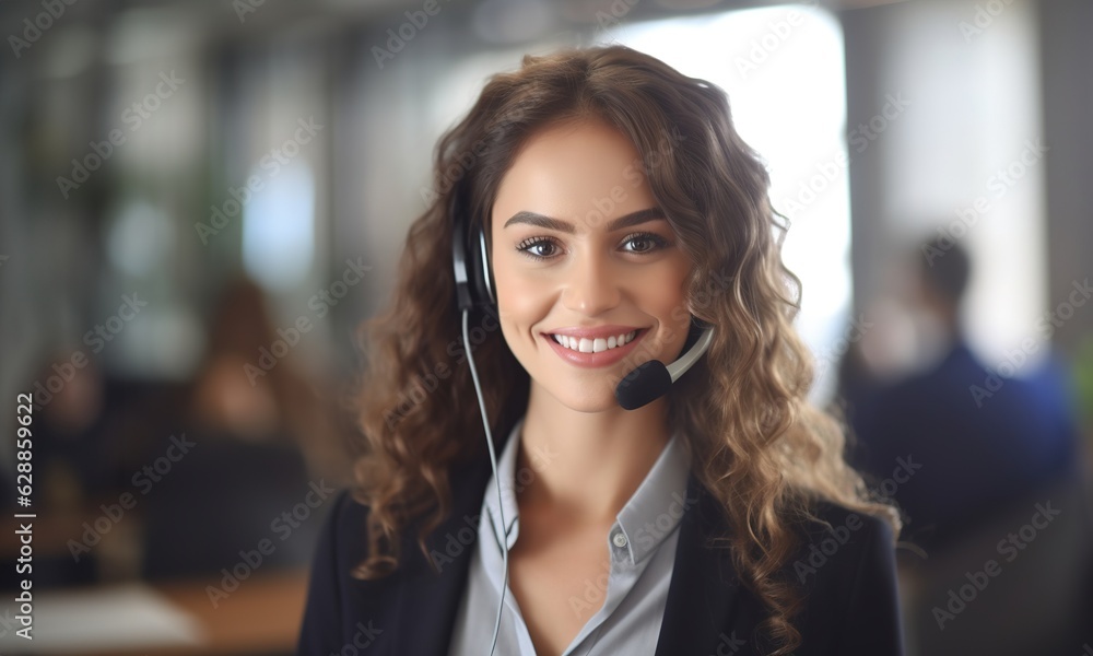 Portrait of beautiful customer support operator woman with headphones looking at camera in the office. Portrait of beautiful customer support operator woman with headphones looking at camera in the office.
