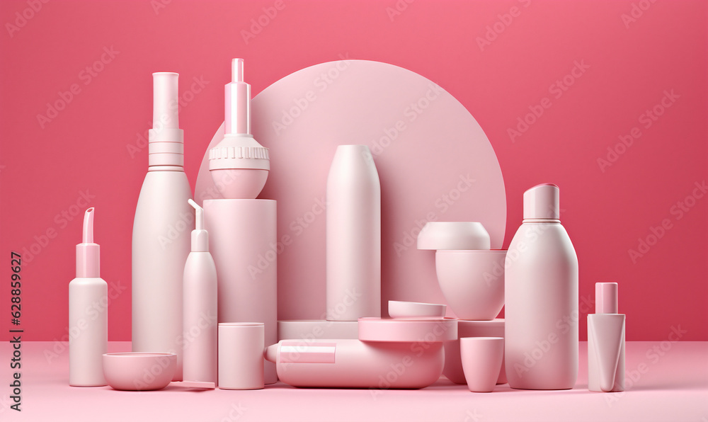 pink pastel beauty cosmetic bottle background care product layout template treatment. Generative AI. pink pastel beauty cosmetic bottle background care product layout template treatment. Generative AI.