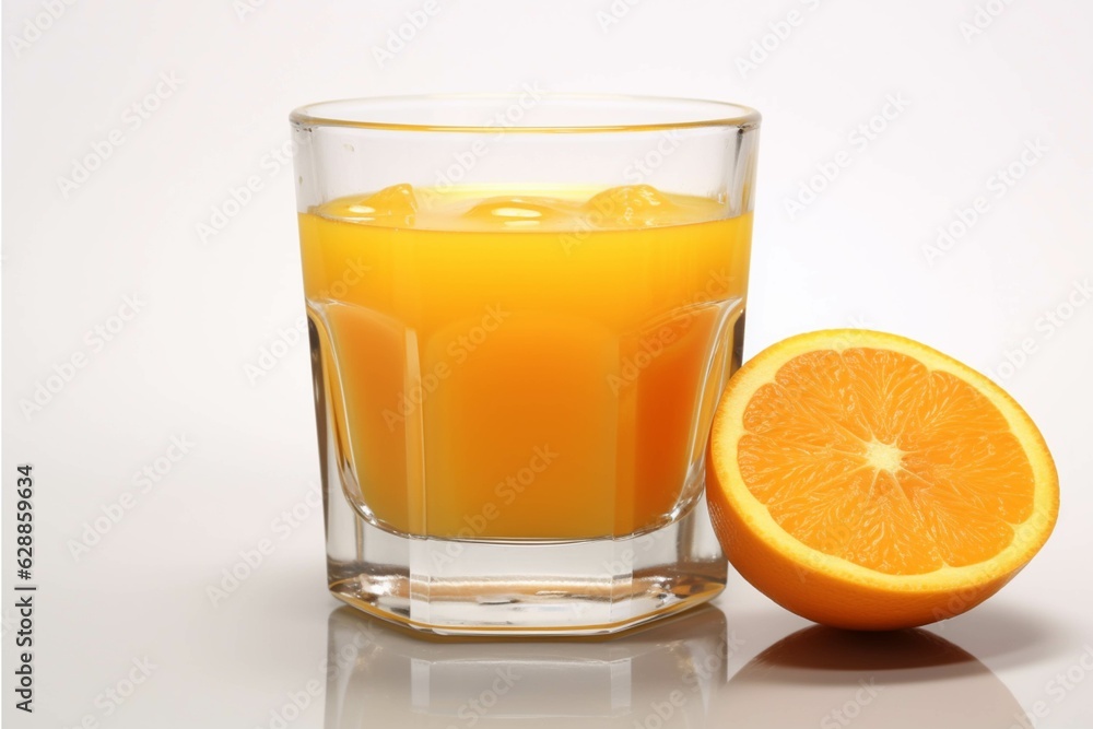 Glass of orange juice with fresh fruits isolated on white background. 3d illustration Glass of orange juice with fresh fruits isolated on white background. 3d illustration