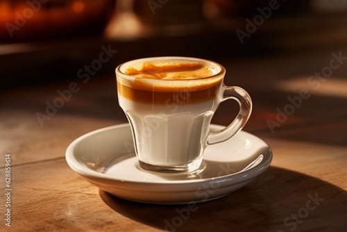 Cup of coffee with latte art on wooden table in cafe
