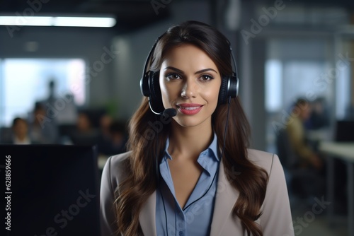 Portrait of beautiful customer support operator woman with headphones looking at camera in the office.