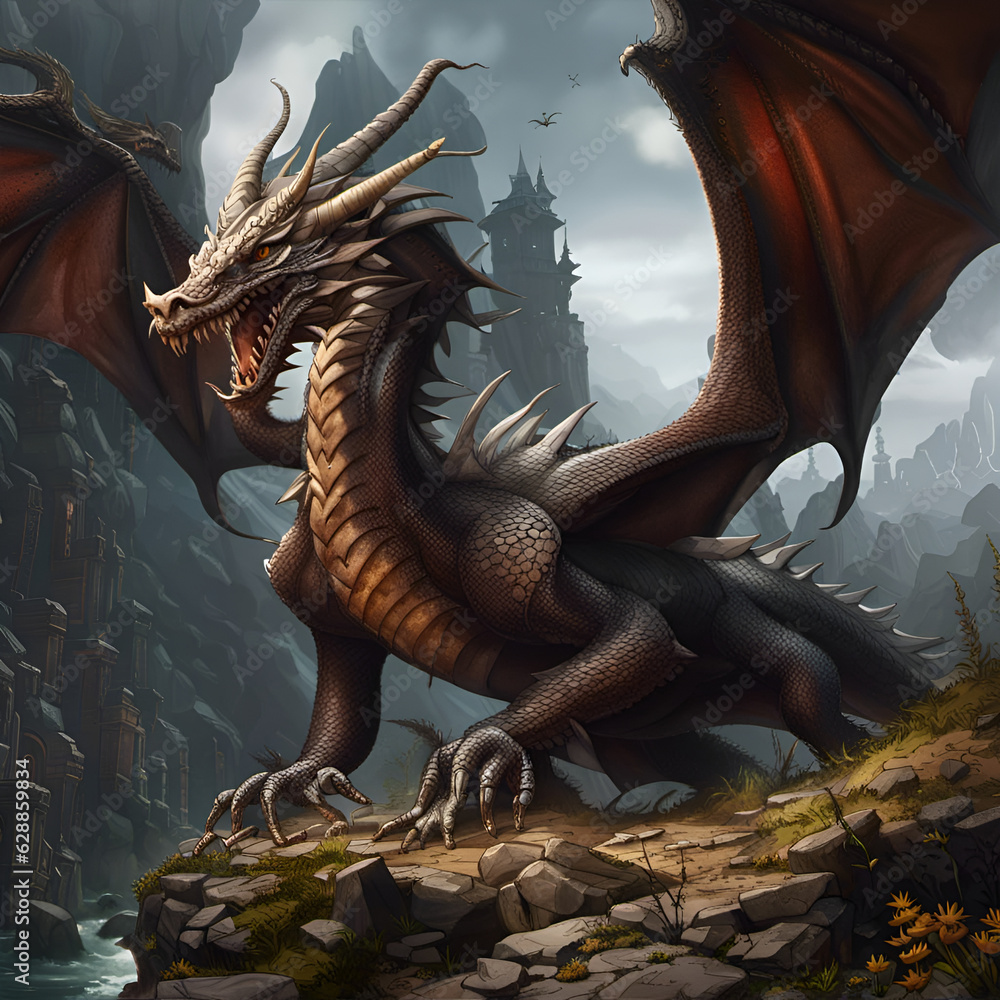 Fototapeta premium Amazing fantasy landscape with a fearsome dragon. Digital illustration. CG Artwork Background