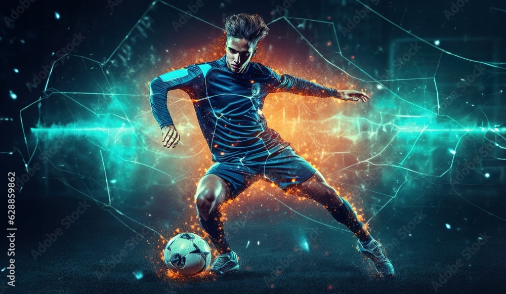 Football player in action on futuristic background. Concept of sport and competition.