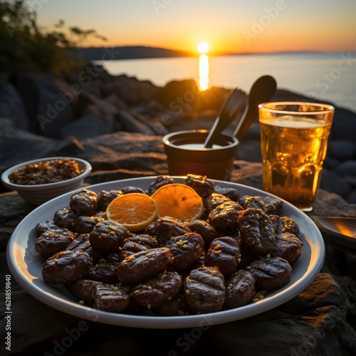 Ćevapčići (grilled minced meat sticks) in the background of the beautiful sunset of the Croatian coastal landscape