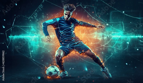 Football player in action on futuristic background. Concept of sport and competition. © Bojan