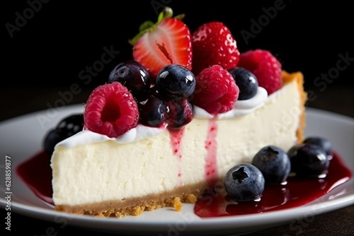 Delicious cheesecake with fresh berries on wooden table. Close up
