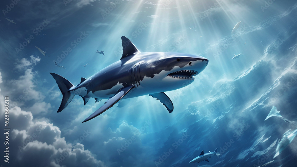 Obraz premium A powerful shark gliding through a sea of azure clouds, its sharp fins cutting through the air with a majestic grace, Generative 