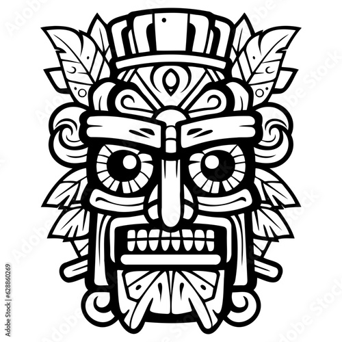 Illustration tiki statue in monochrome style, tiki tropical nature summer.