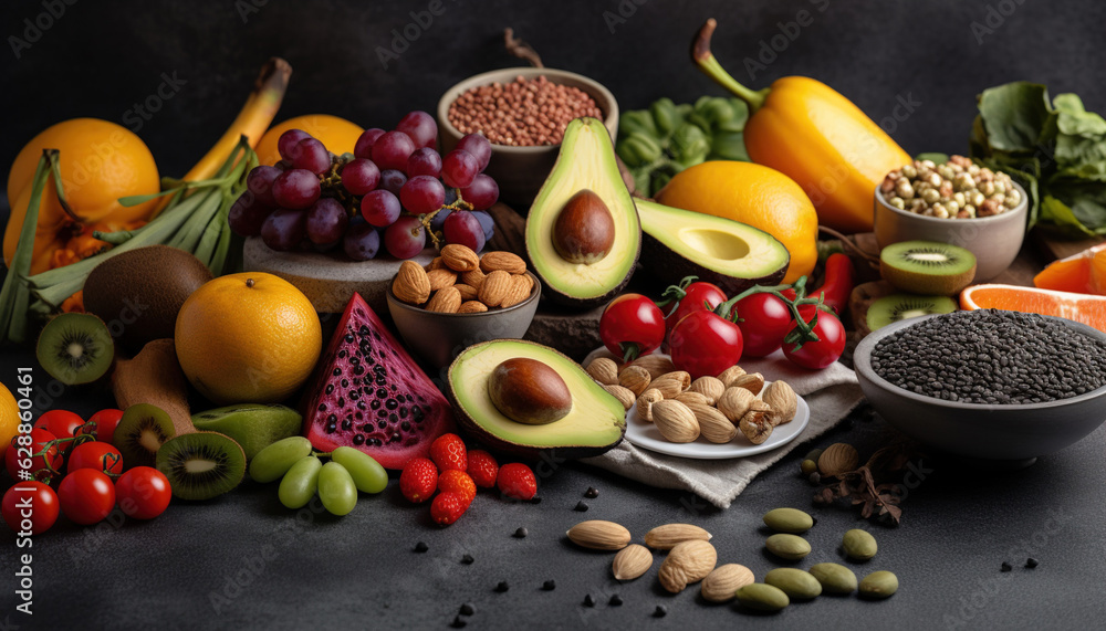 Different vegetables, seeds and fruits on grey table, flat lay. Healthy diet, Generative Ai Different vegetables, seeds and fruits on grey table, flat lay. Healthy diet, Generative Ai