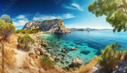 Bright spring view of the Cameo Island. Picturesque morning scene on the Port Sostis  Zakinthos island  Greece  Europe. Beauty of nature concept background. generative ai
