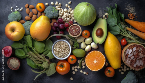Different vegetables, seeds and fruits on grey table, flat lay. Healthy diet, Generative Ai