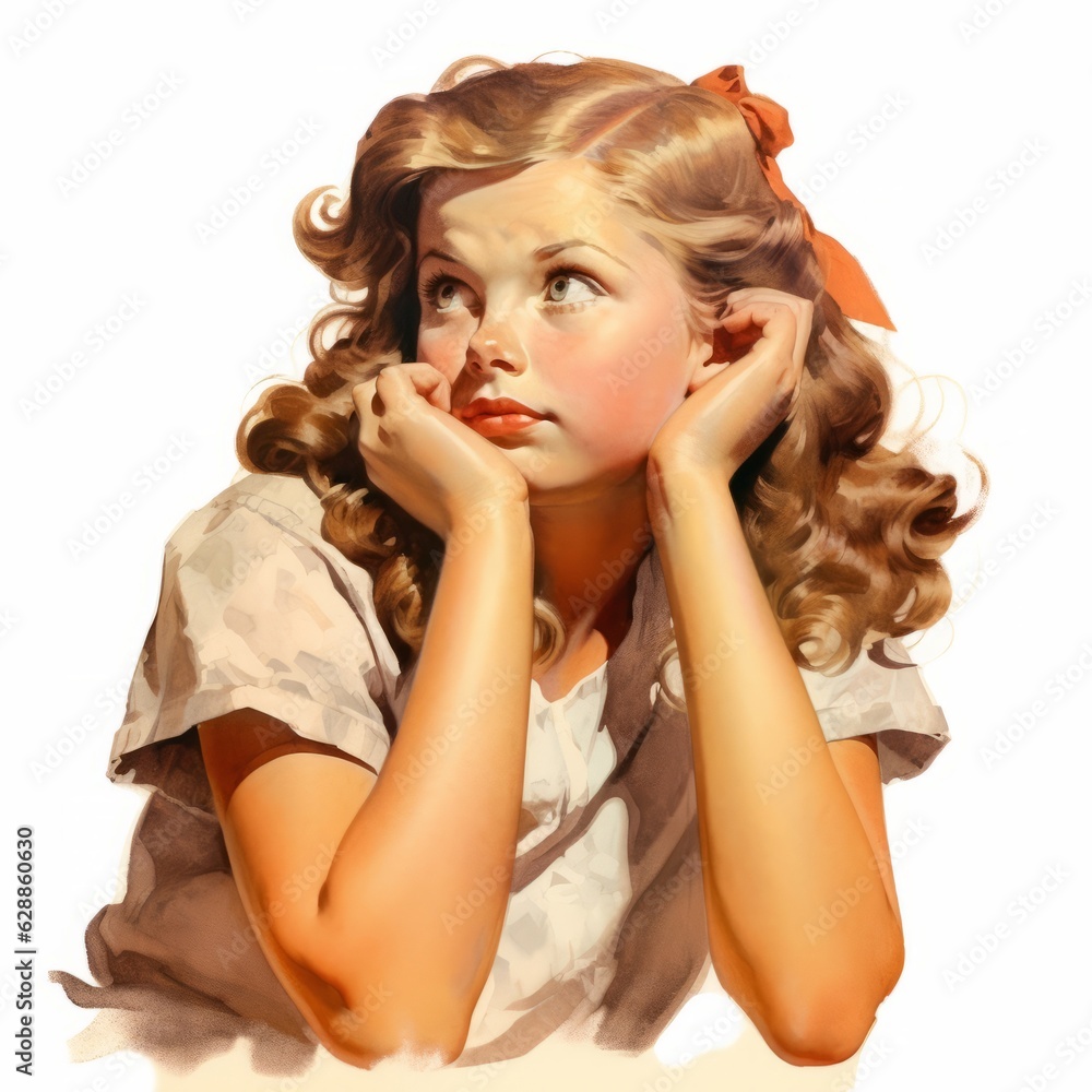 Fototapeta premium Little white girl in thinking and doubts vintage illustration. Young woman character with dreamy face on abstract background. Ai generated bright retro poster.