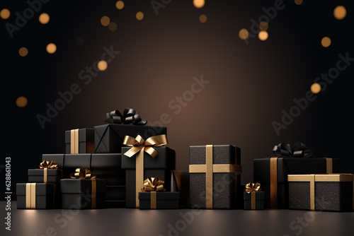 Black Arranged Gifts boxes with black ribbon and bow on black background. Black Friday concept