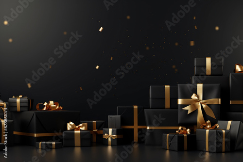 Black Arranged Gifts boxes with black ribbon and bow on black background. Black Friday concept
