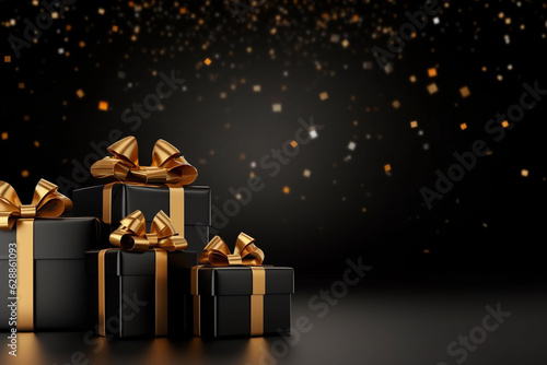 Black Arranged Gifts boxes with black ribbon and bow on black background. Black Friday concept © uv_group
