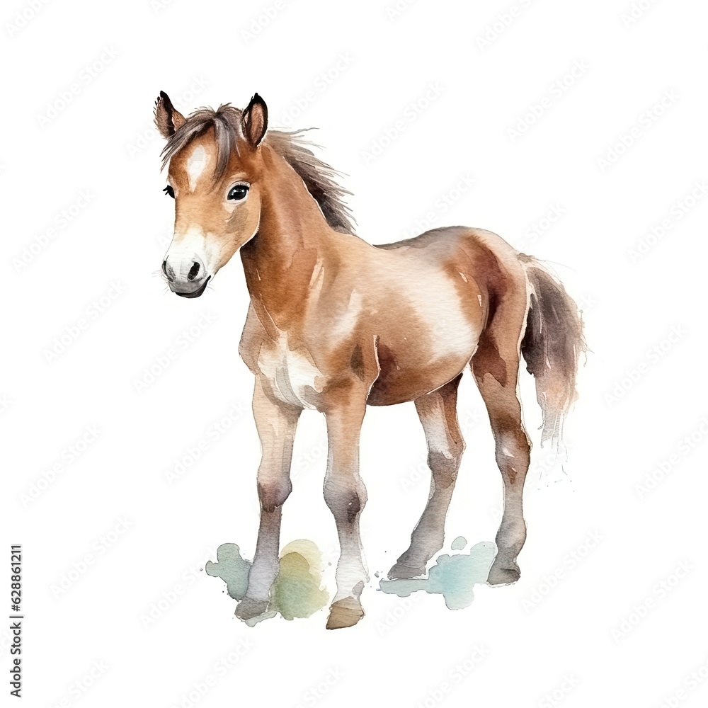 Cute young horse on a white background. Generative AI